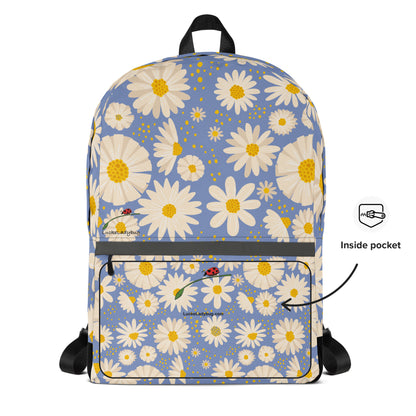 LuckeLadybug trendy flower backpack with white daisies and yellow centers on blue background