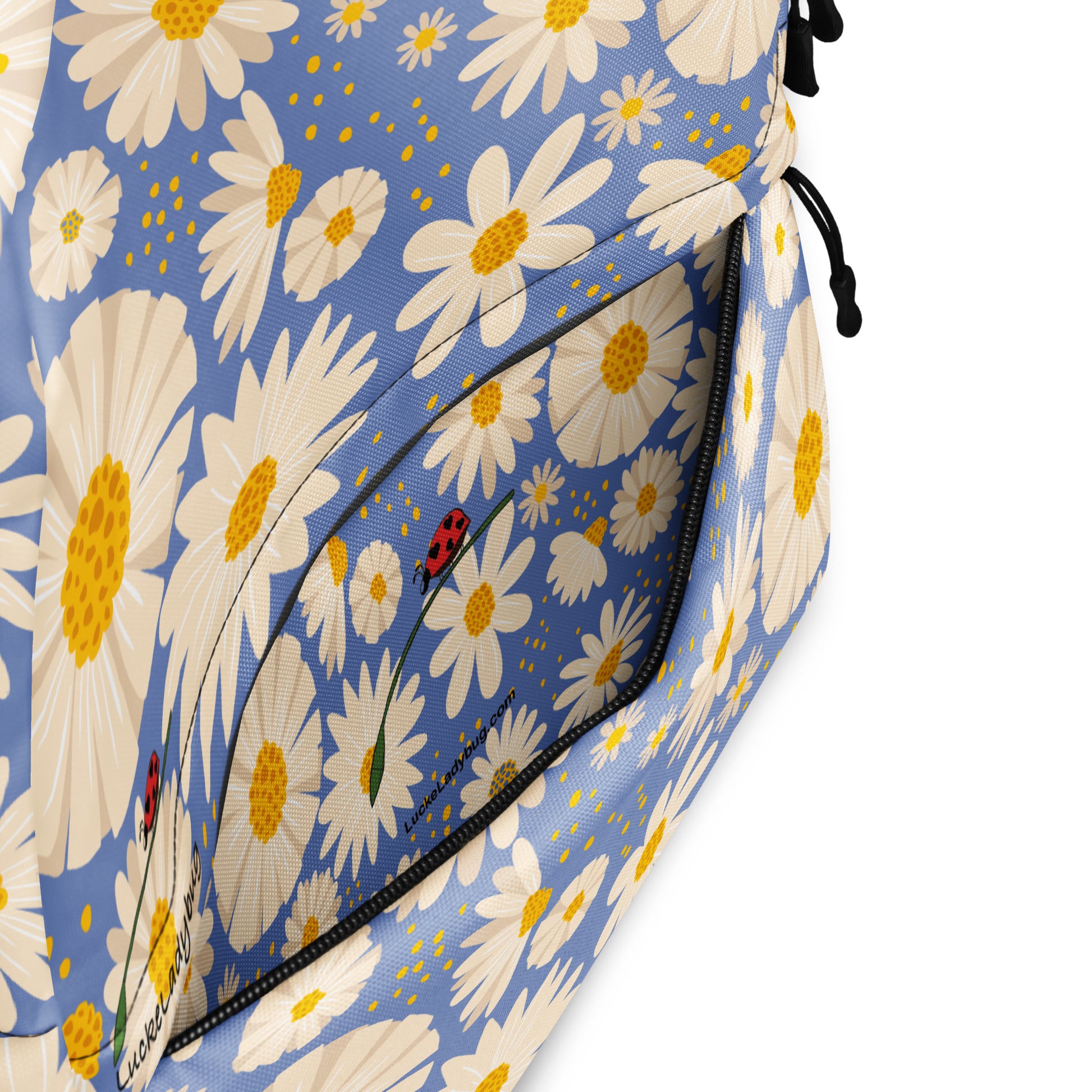 LuckeLadybug trendy flower backpack with white daisy pattern and front zipper pocket on blue background