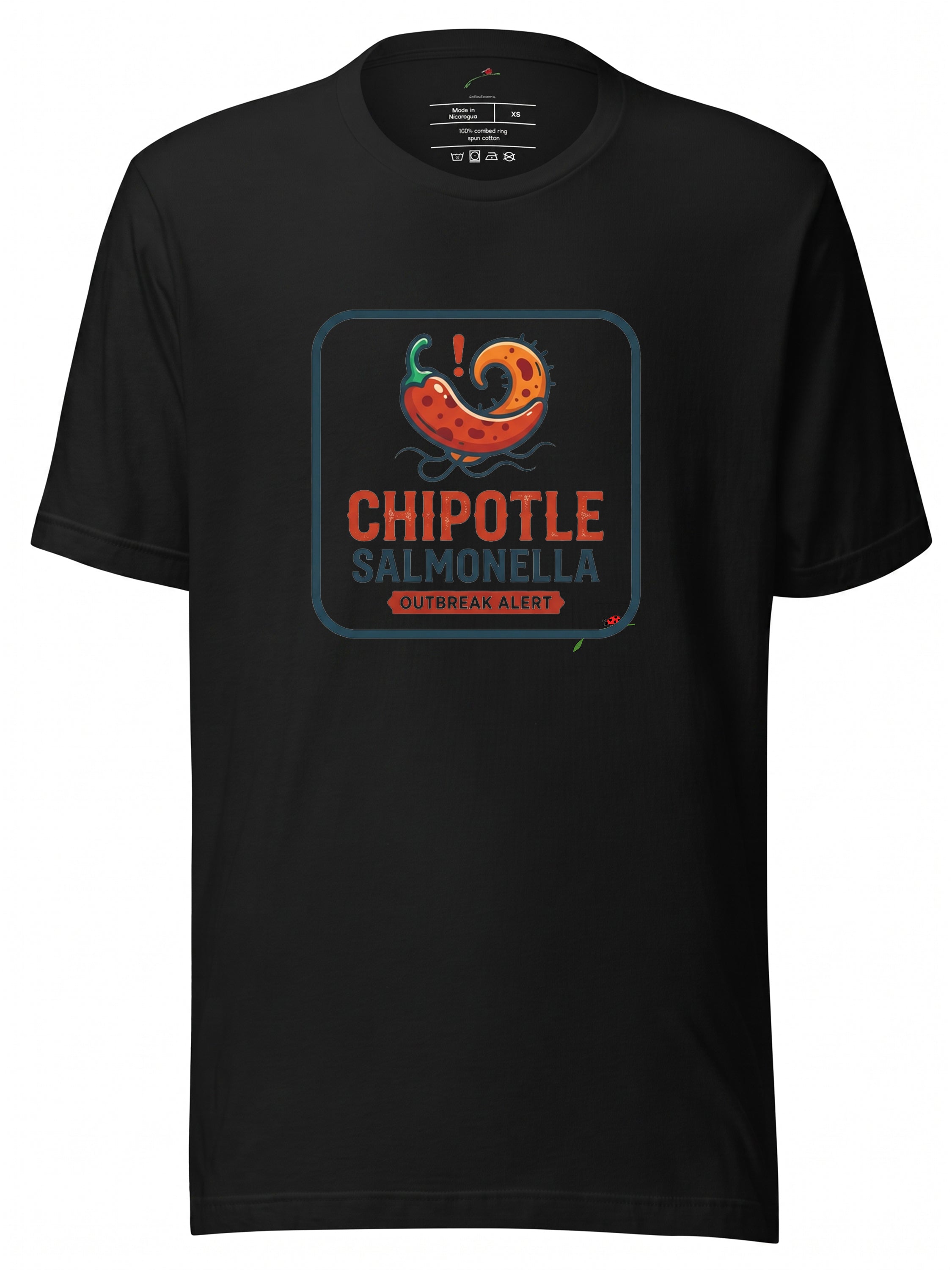 LuckeLadybug black chipotle shirt featuring a fun salmonella outbreak alert graphic