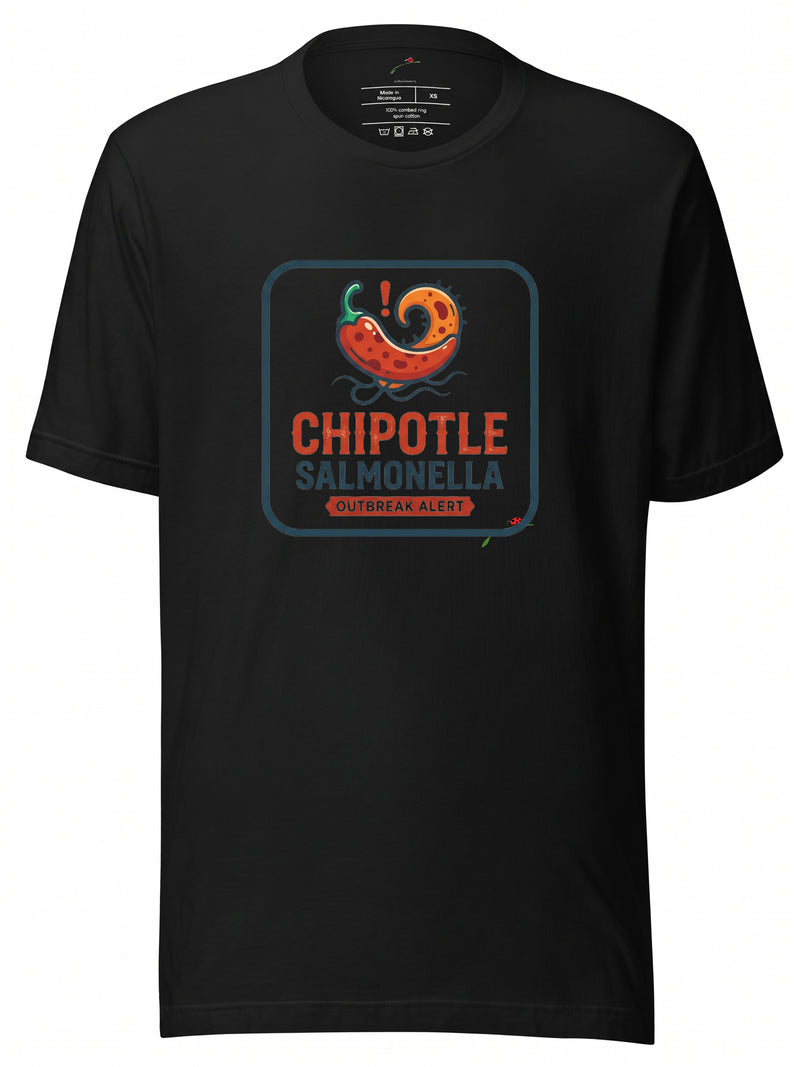 LuckeLadybug black chipotle shirt featuring a fun salmonella outbreak alert graphic