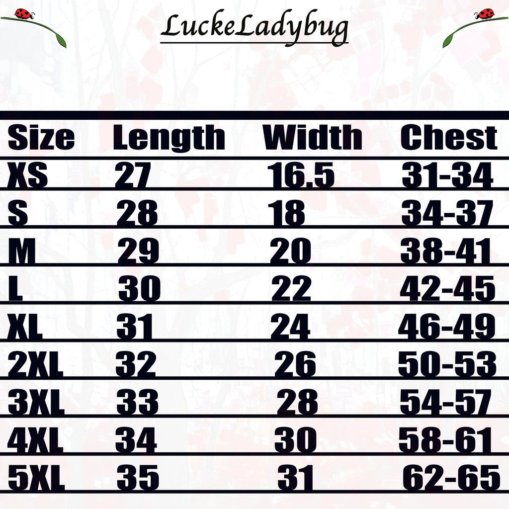 LuckeLadybug LLC Size Chart for Chipotle Shirt in Various Sizes