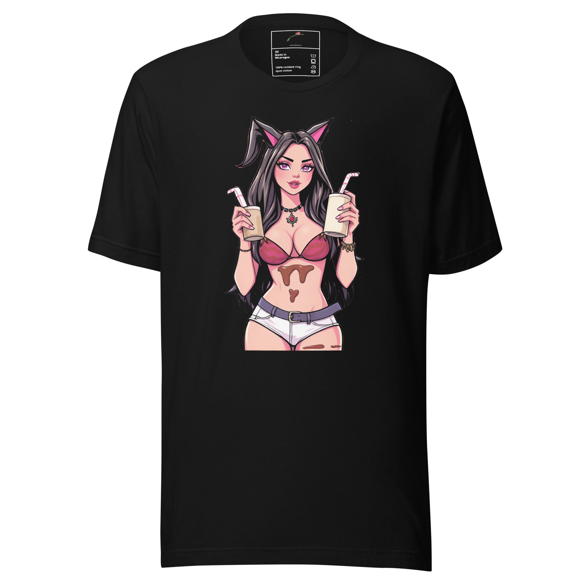 Black LuckeLadybug chocolate milk t shirt featuring anime girl holding two milk cartons with chocolate stain
