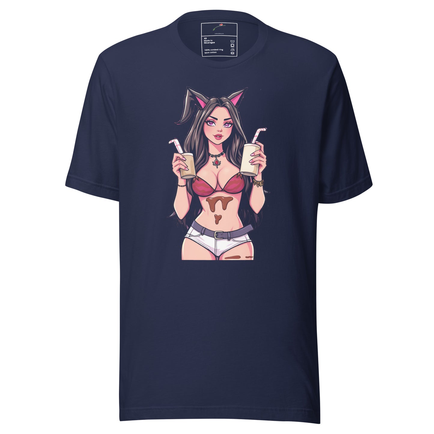 LuckeLadybug chocolate milk t shirt navy blue with anime girl holding two glasses of milk design