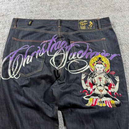Stylish Y2K baggy jeans for women featuring unique embroidery and vibrant graphics