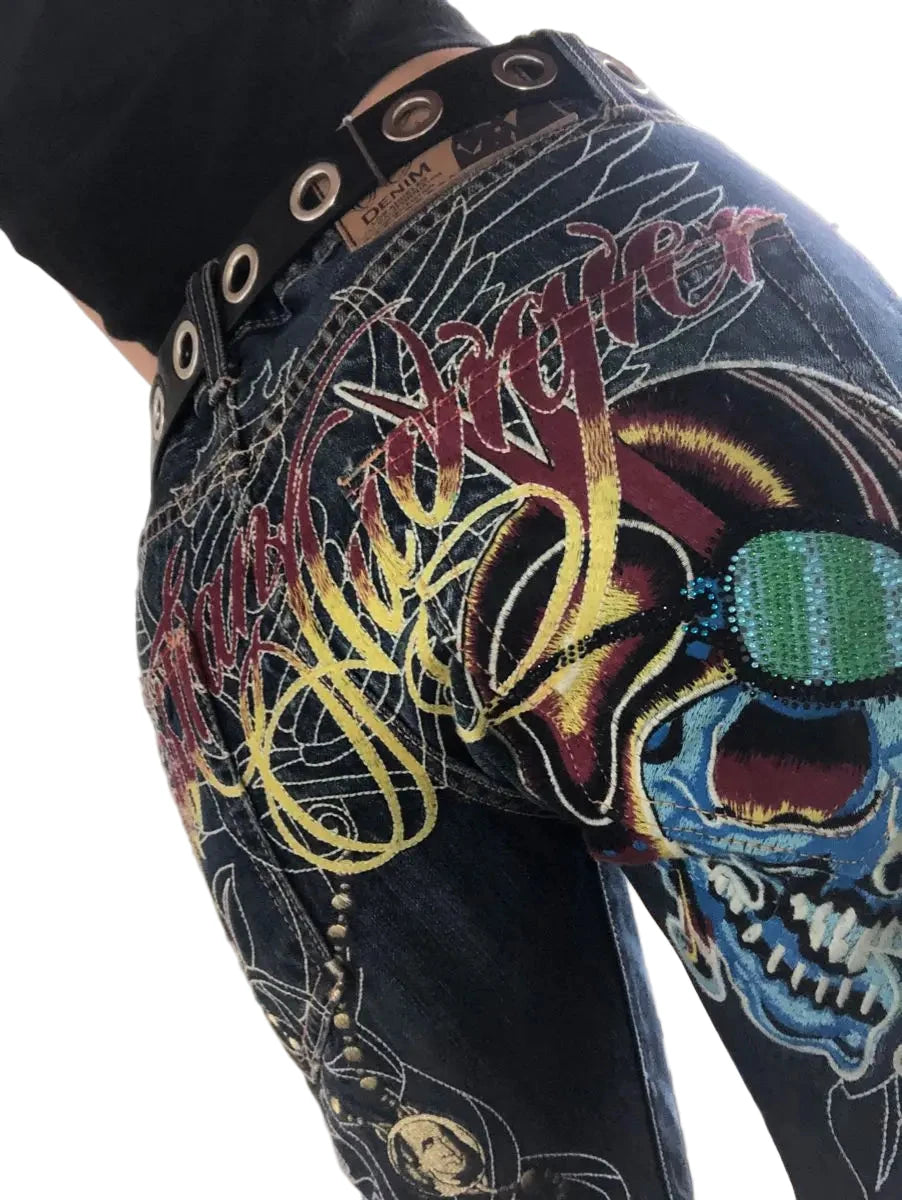 LuckeLadybug LLC Y2K baggy jeans for women featuring colorful skull designs and unique embroidery