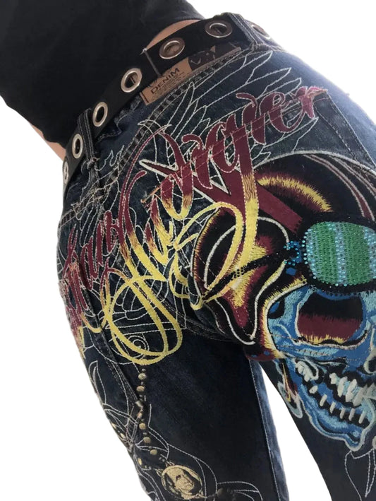 LuckeLadybug LLC Y2K baggy jeans for women featuring colorful skull designs and unique embroidery