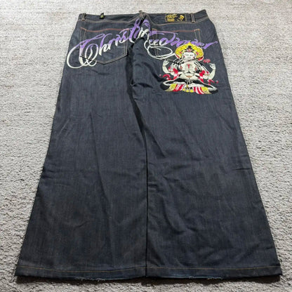 LuckeLadybug LLC Y2K baggy jeans for women with unique graphic design and relaxed fit