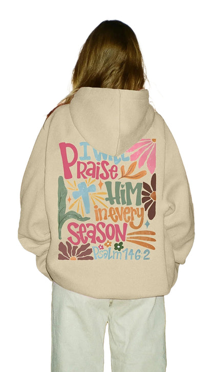 Christian graphic hoodie for women featuring colorful text and floral designs on the back