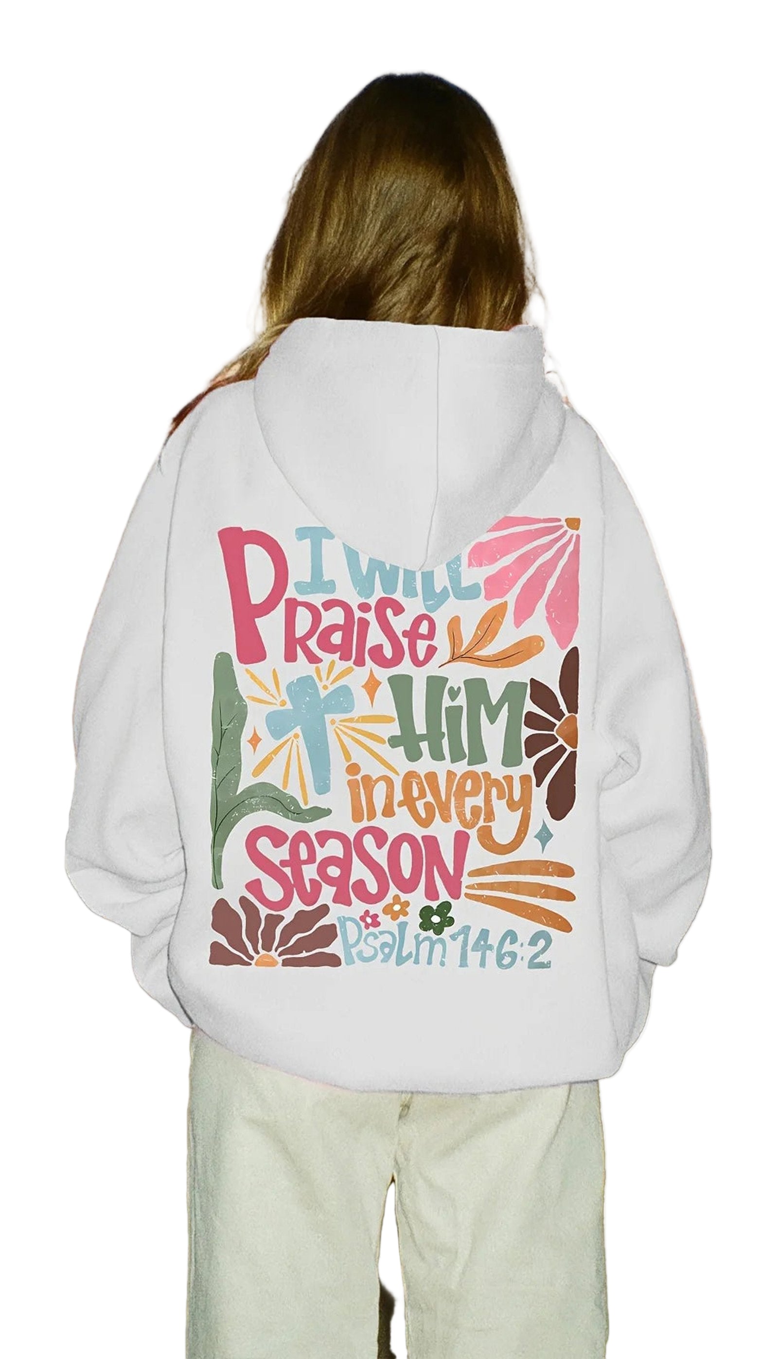 White Christian graphic hoodie for women with colorful inspirational design and Bible verse on the back