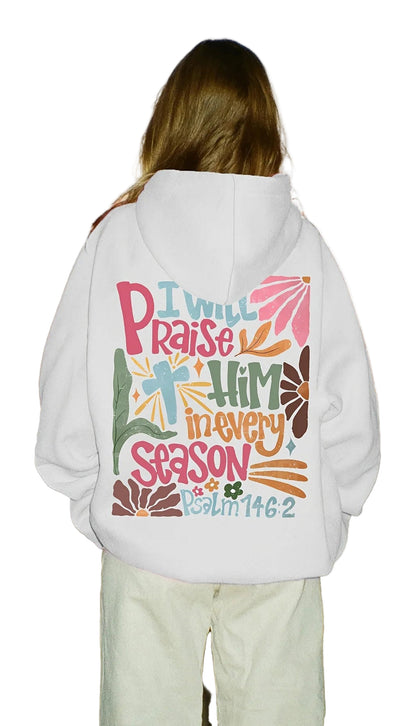 White Christian graphic hoodie for women with colorful inspirational design and Bible verse on the back