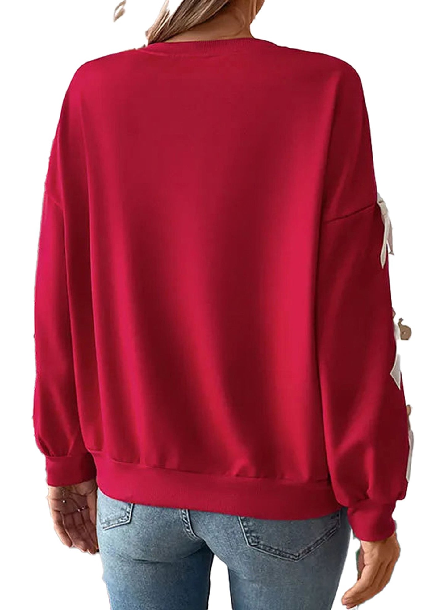 Christmas bow women’s sweatshirt in festive red with stylish back design for holiday wear