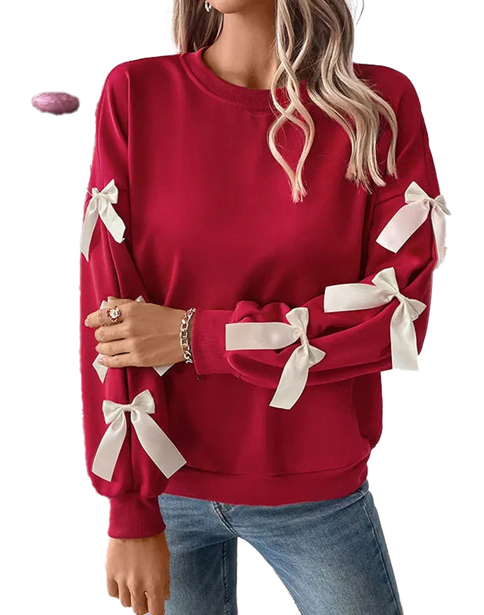 Red Christmas bow women’s sweatshirt with white ribbon details on sleeves for a festive look
