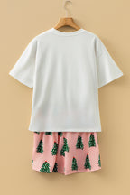 LuckeLadybug LLC Christmas pajamas set featuring pink shorts with festive green trees and a white tee