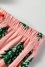 Pink Christmas pajamas shorts with Christmas tree print and elastic waistband for festive comfort
