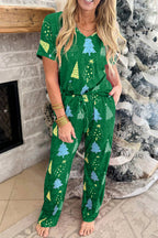 LuckeLadybug green Christmas pajamas with festive tree and star patterns for cozy holiday nights