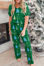 LuckeLadybug LLC Christmas pajamas in green with festive tree designs, perfect for holiday gatherings