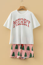 LuckeLadybug Christmas pajamas set featuring a Merry graphic tee and tree-printed shorts