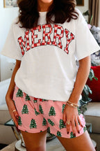 LuckeLadybug Christmas pajamas set with Merry graphic tee and pink shorts featuring green Christmas trees