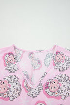 LuckeLadybug LLC Pink Christmas Pajamas with Cheerful Santa Print and V-Neck Design