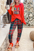 LuckeLadybug Christmas pajamas with red top and plaid patterned pants, perfect for festive lounging