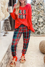 LuckeLadybug Christmas pajamas with red top and plaid patterned pants, perfect for festive lounging