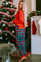 LuckeLadybug Christmas pajamas set featuring red top and plaid pants, perfect for holiday lounging