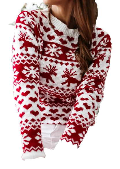 Festive Christmas reindeer sweater for women featuring snowflakes and heart patterns in red and white