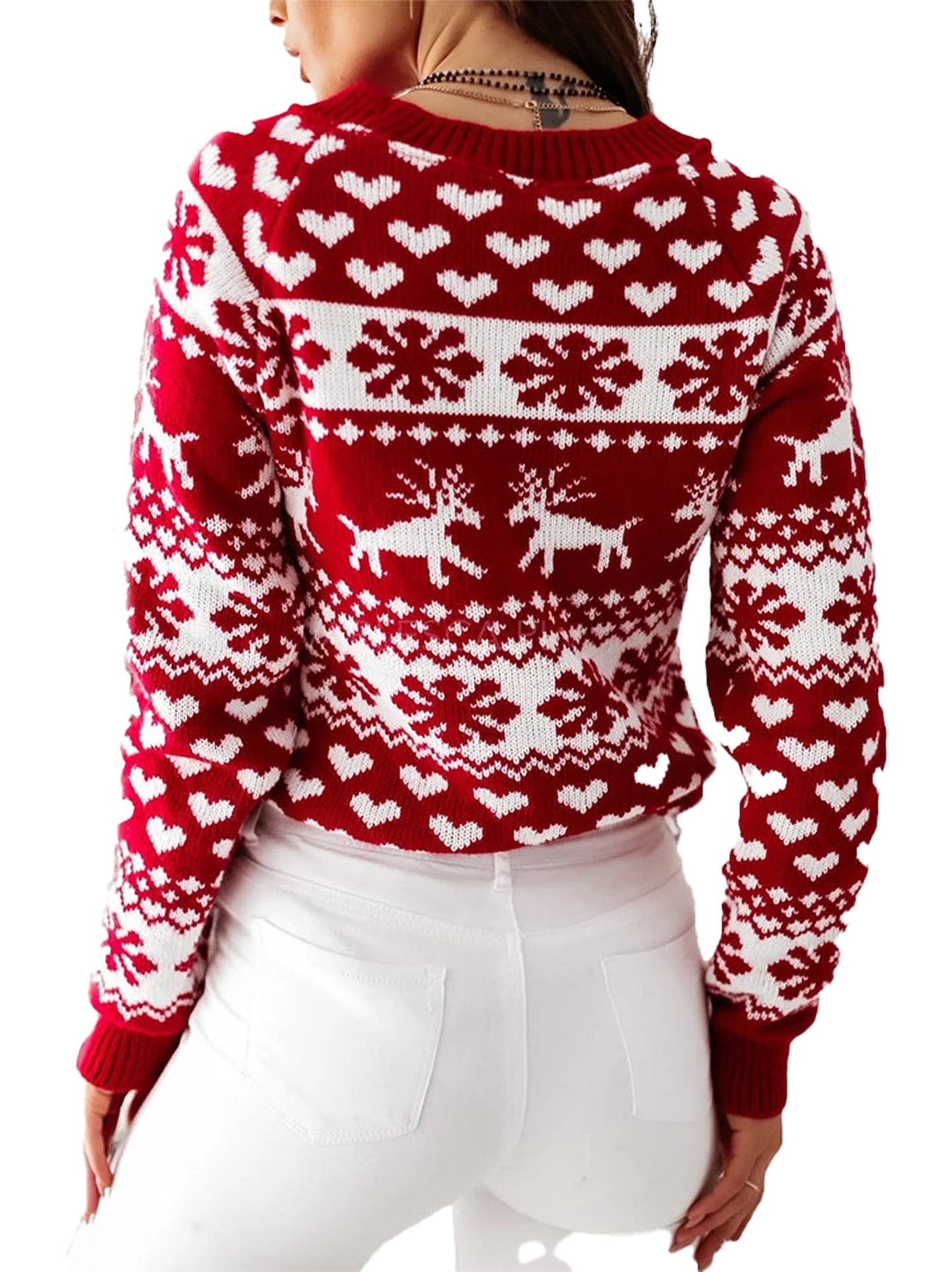 Back view of a red Christmas reindeer sweater for women with a festive pattern