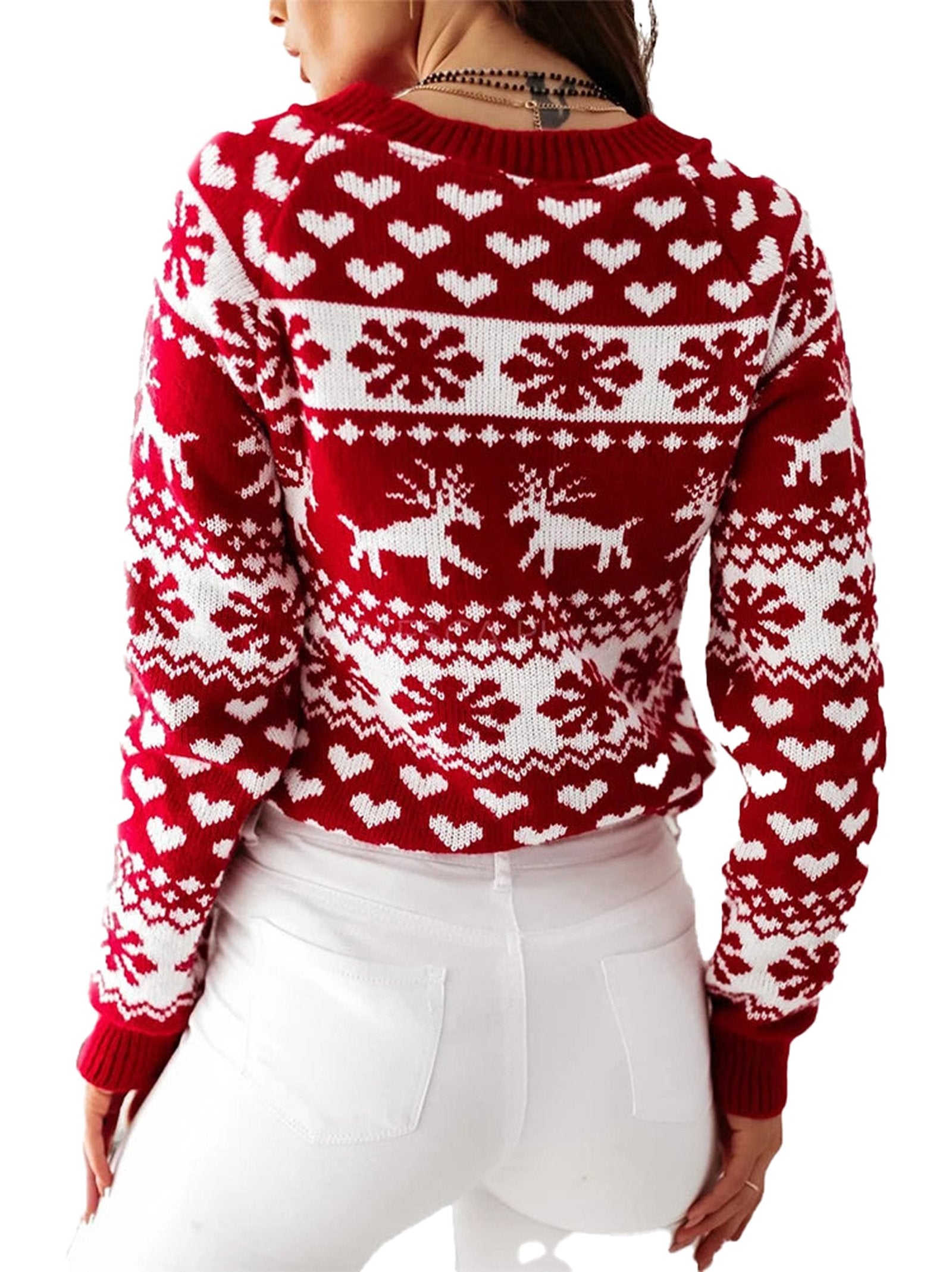 Back view of a red Christmas reindeer sweater for women with a festive pattern