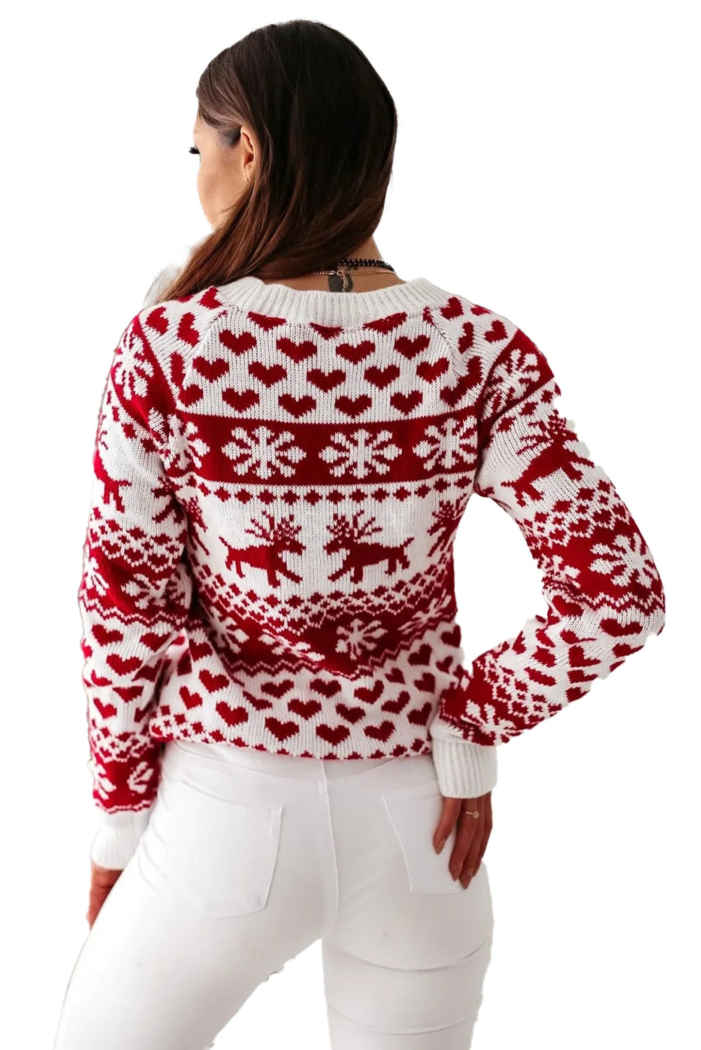 LuckeLadybug Christmas reindeer sweater for women in festive red and white pattern, perfect for holiday celebrations