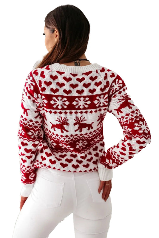LuckeLadybug Christmas reindeer sweater for women in festive red and white pattern, perfect for holiday celebrations
