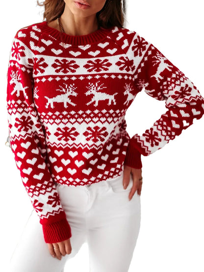 Red Christmas reindeer sweater for women featuring festive patterns of reindeer and snowflakes