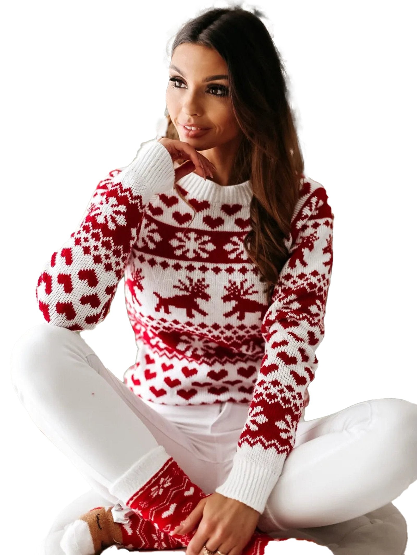 Festive Christmas reindeer sweater for women in red and white with cute holiday patterns
