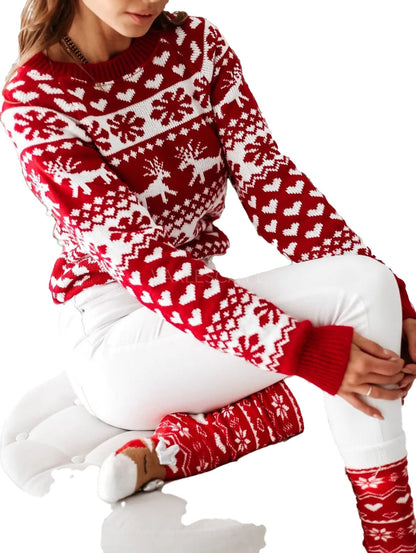 Christmas reindeer sweater for women in red and white with festive patterns, perfect for holiday celebrations