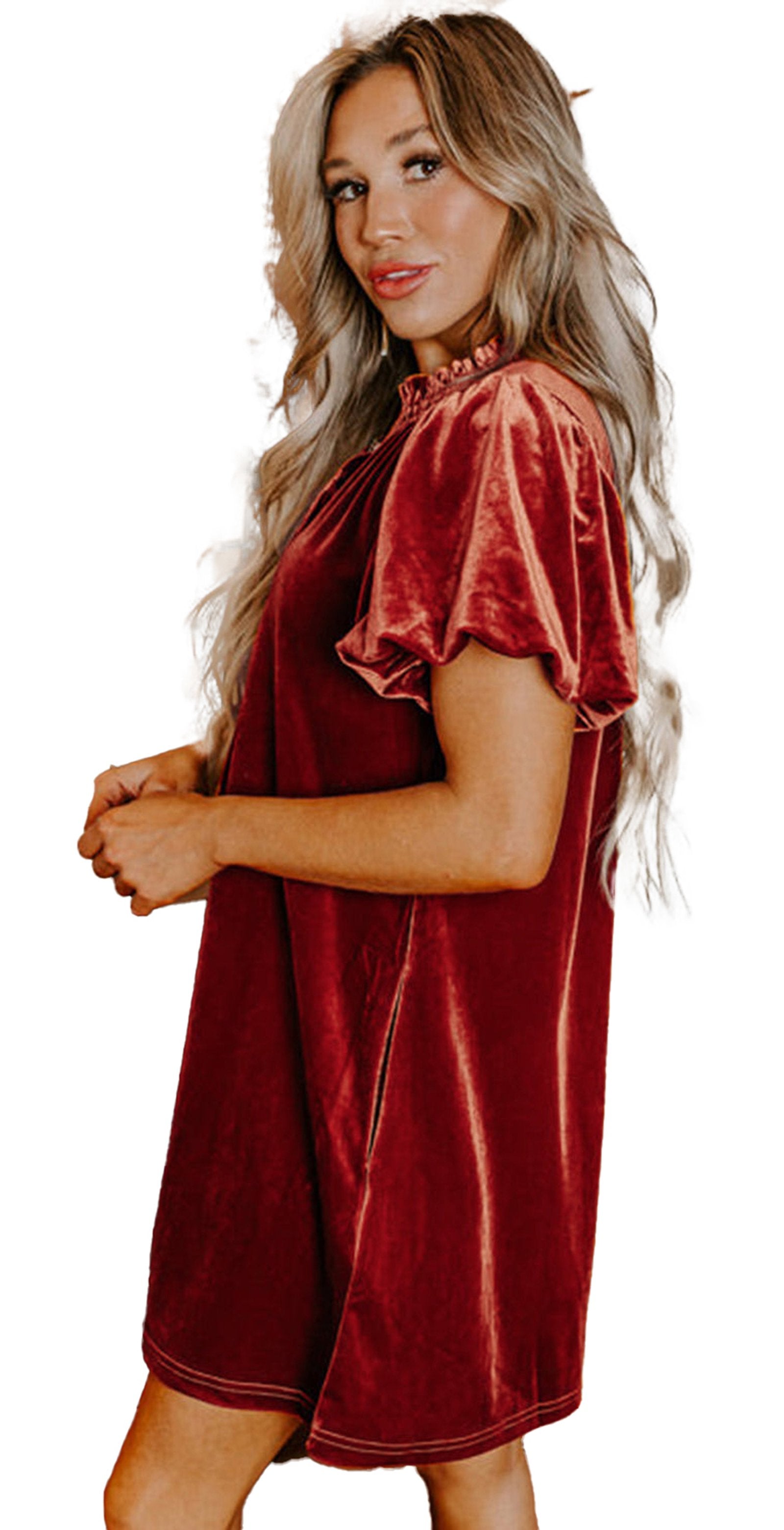 Stylish cinnamon velvet mini dress with puff sleeves, perfect for casual or festive occasions