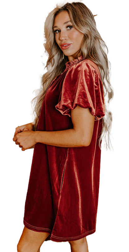 Stylish cinnamon velvet mini dress with puff sleeves, perfect for casual or festive occasions