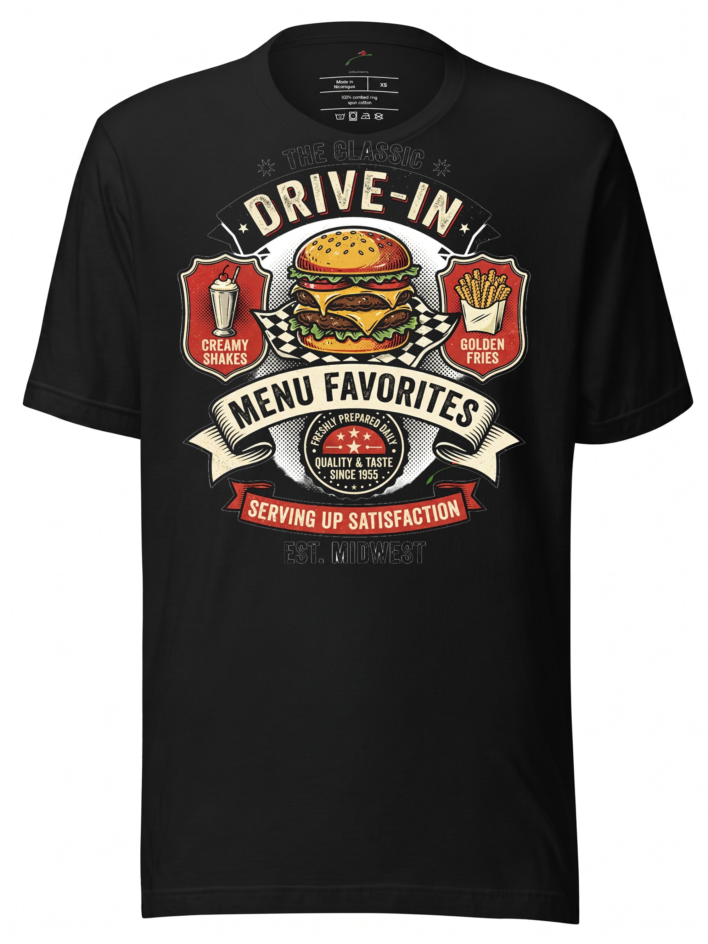 LuckeLadybug LLC T-Shirt featuring a vintage drive-in design with fast food near me theme