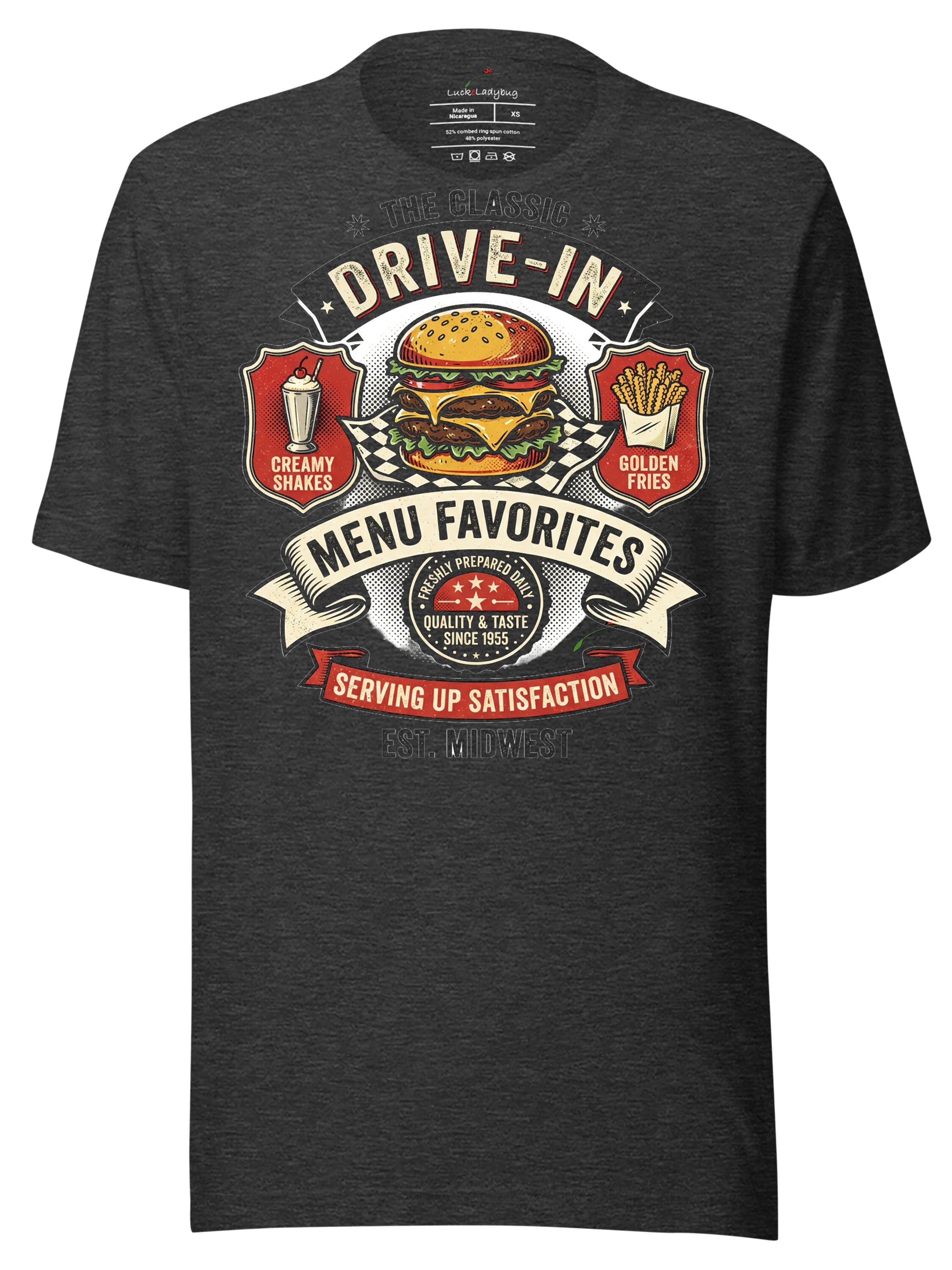 LuckeLadybug Drive-In T-Shirt with burger and fries graphic, perfect for fast food near me enthusiasts