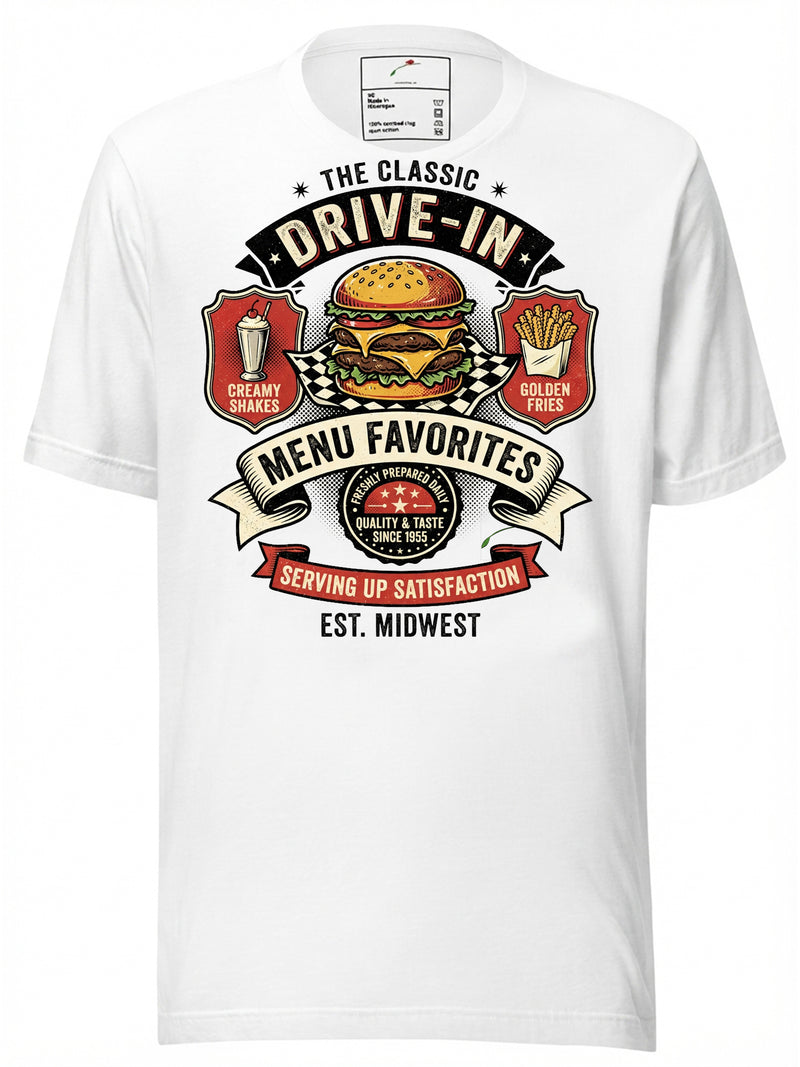 LuckeLadybug Classic Drive-In T-Shirt featuring fast food near me design with burger and fries