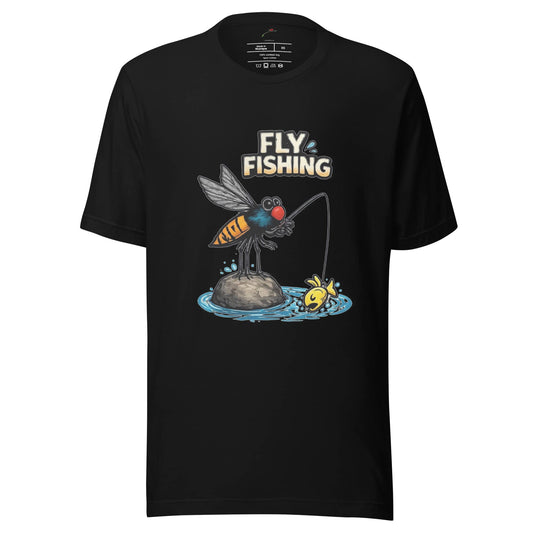 Classic Fly Fishing T-Shirt for Men featuring a cartoon insect fishing graphic on a black shirt