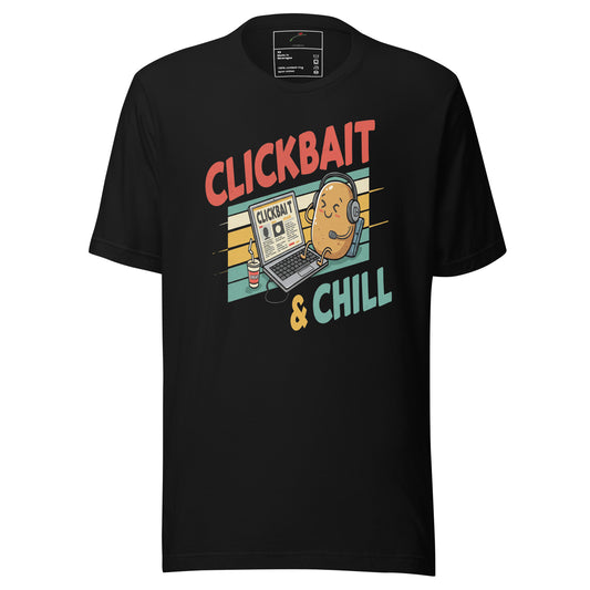 Black LuckeLadybug clickbait and chill t-shirt online with cartoon laptop and potato character design