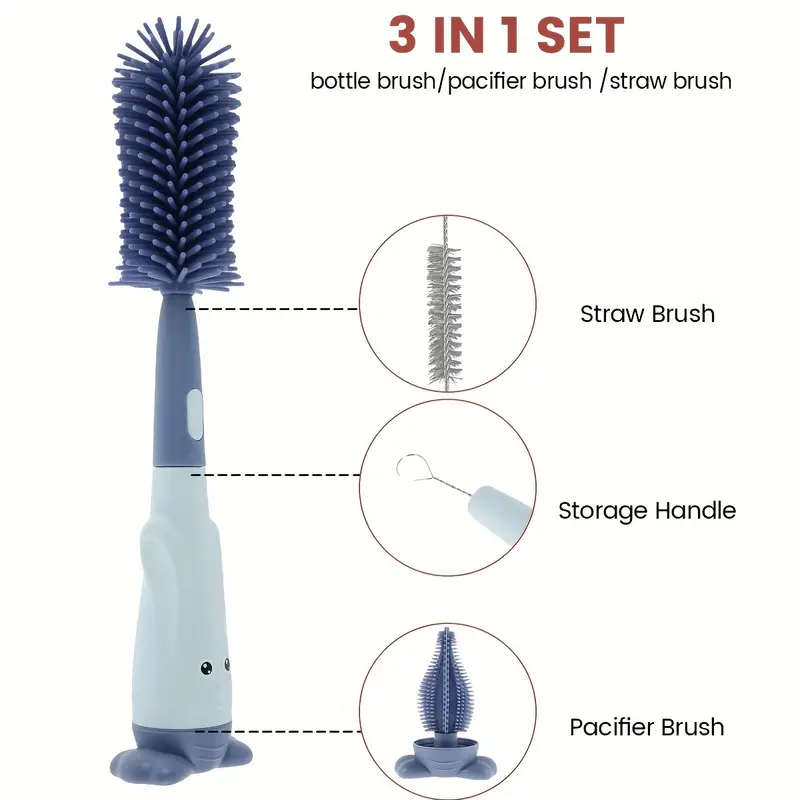 3 in 1 set includes bottle brush, pacifier brush, and straw brush for versatile cleaning tasks