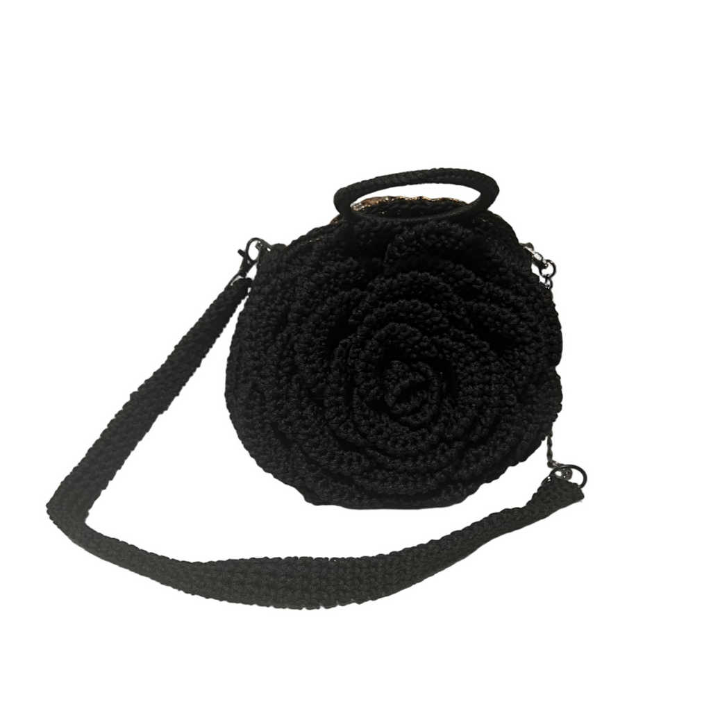 Black crochet crossbody bag with floral design, perfect for casual outings and stylish accessories, coach floral bag