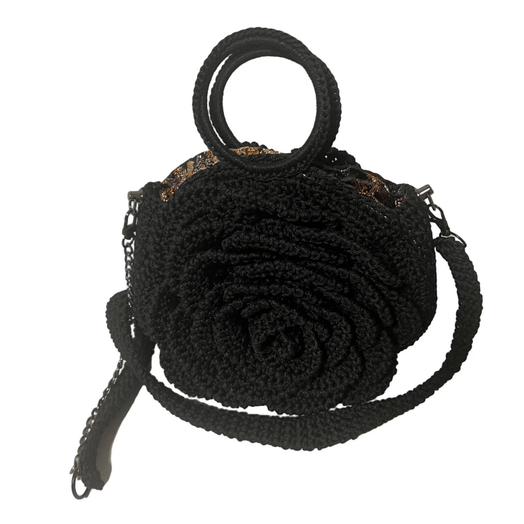 ThreadsByHannah stylish crossbody bag designed as a coach floral bag in black with a unique rose shape