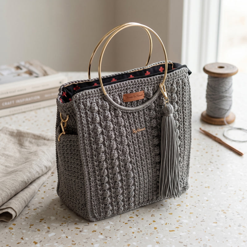 Gray crochet tote with gold handles and tassel detail, perfect as a coach purse shoulder bag