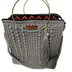 Stylish ThreadsByHannah Tote with Gray Crochet Design and Gold Accents, perfect as a coach purse shoulder bag