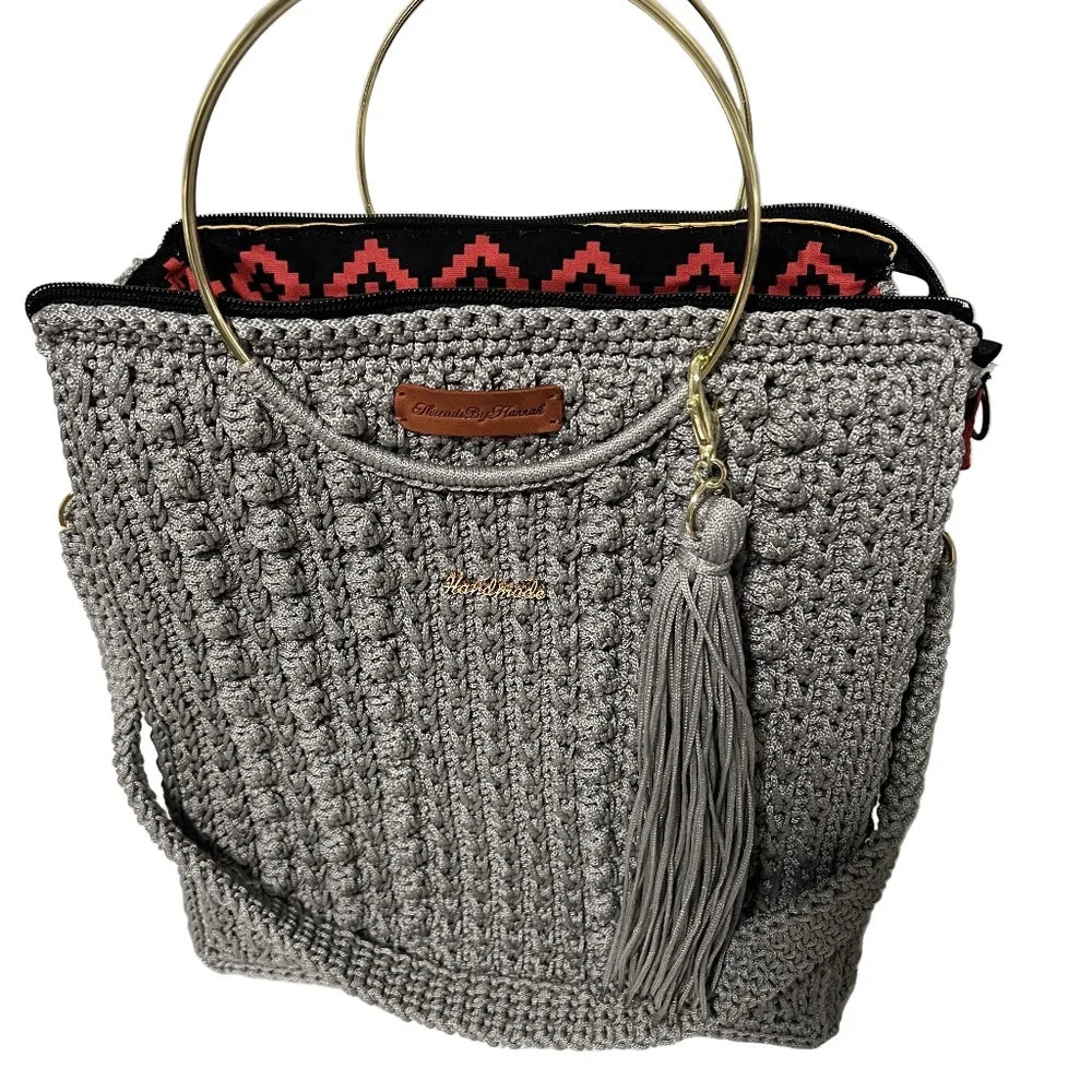 Stylish ThreadsByHannah Tote with Gray Crochet Design and Gold Accents, perfect as a coach purse shoulder bag