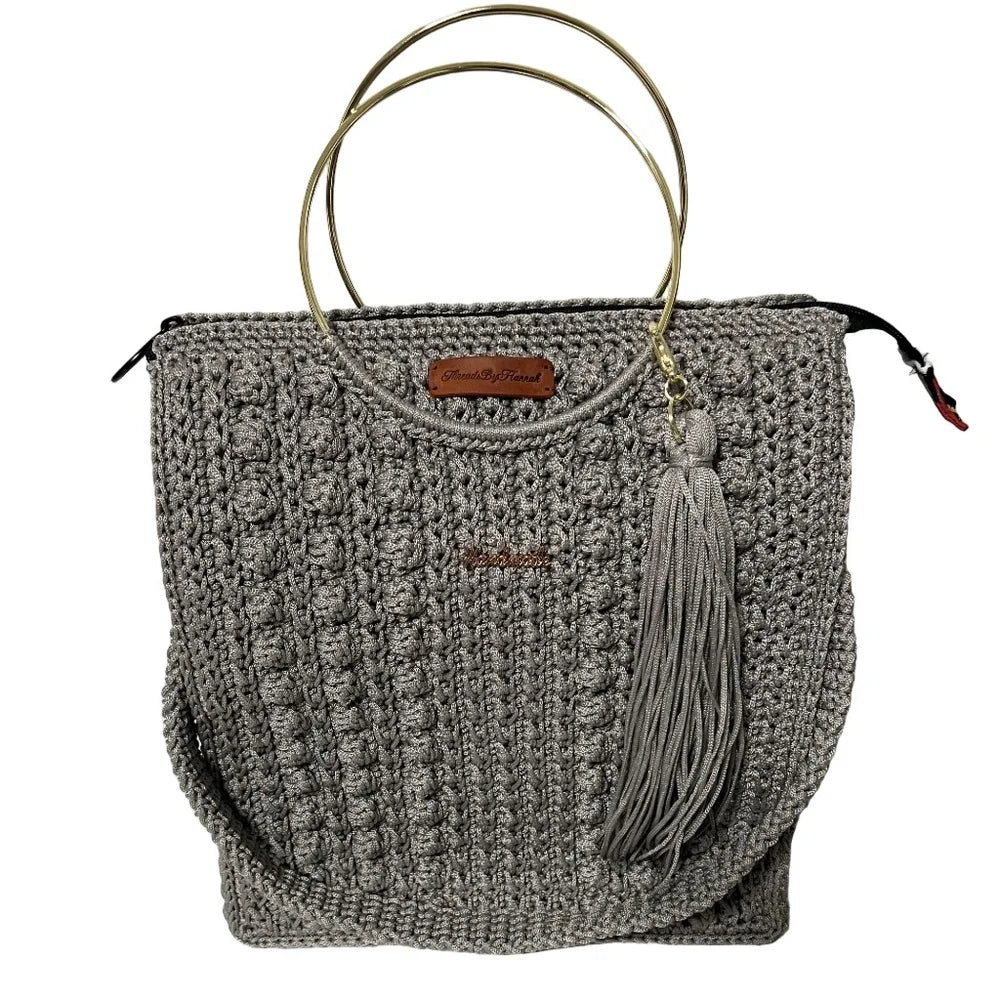 ThreadsByHannah Crochet Tote Bag with Gold Handle and Tassel for Stylish Carrying, coach purse shoulder bag