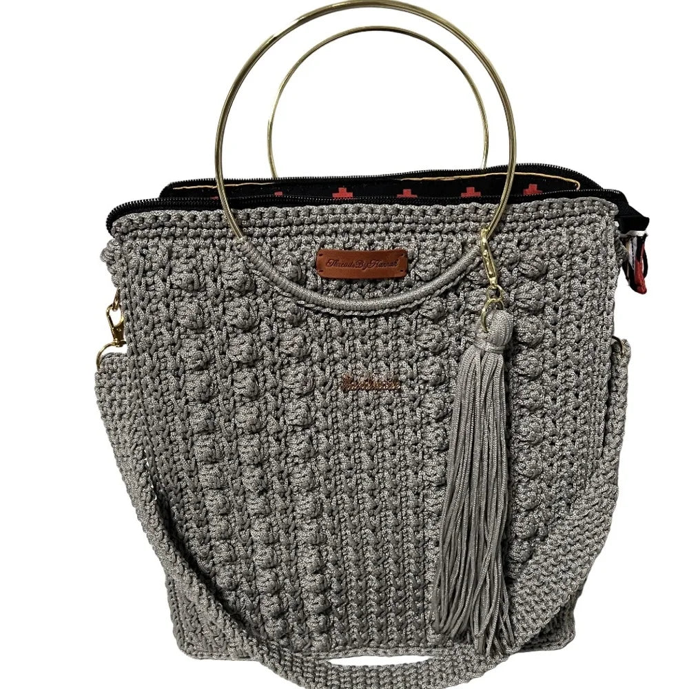ThreadsByHannah Stylish Crochet Tote in Gray with Gold Ring Handles, a perfect coach purse shoulder bag.