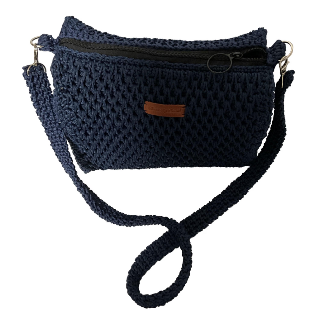 Navy crochet coach purse shoulder bag with adjustable strap and zipper closure for stylish outings